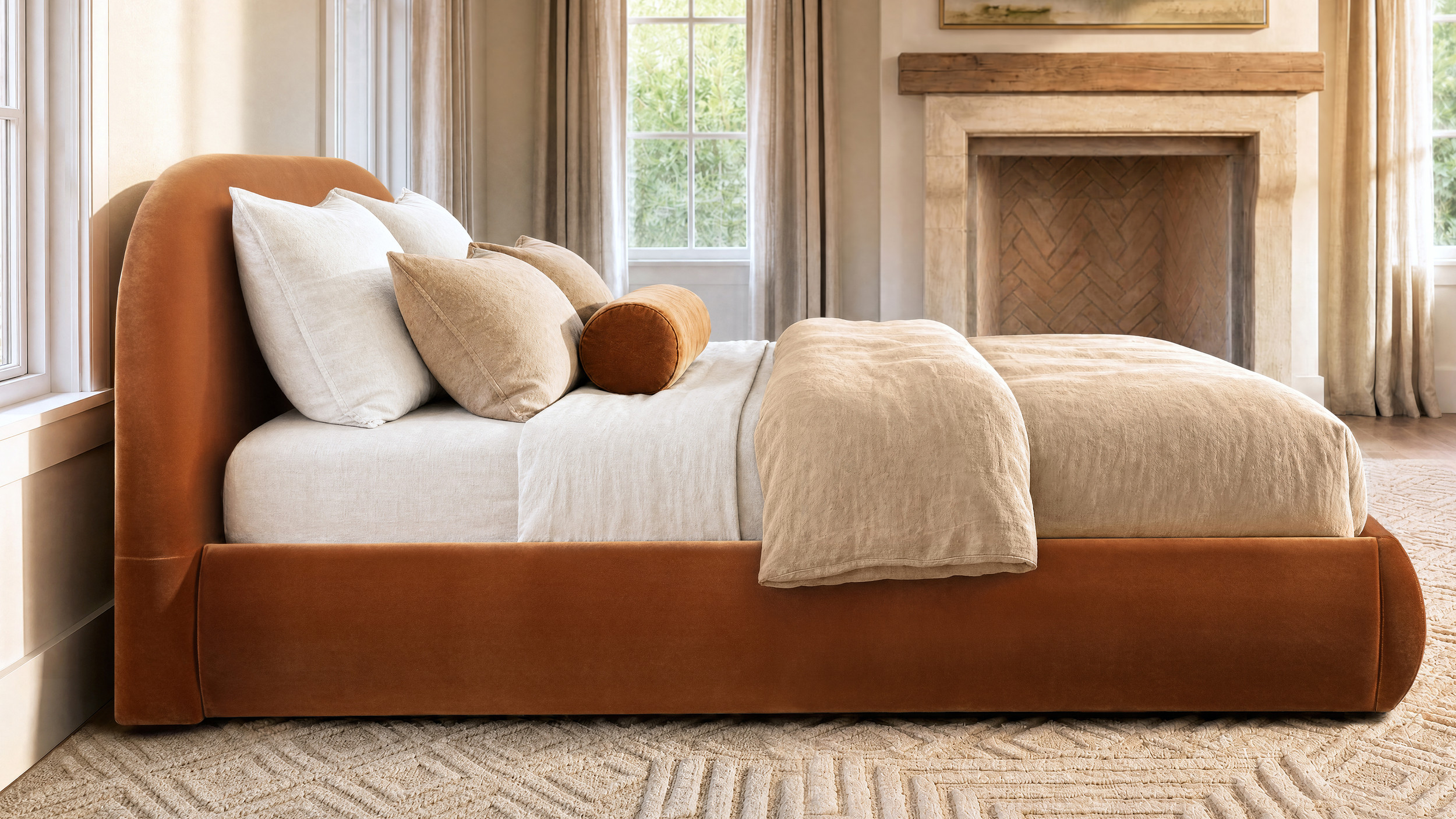 Archie Puffy Grounded Upholstered Platform Bed, King, Burnt Orange