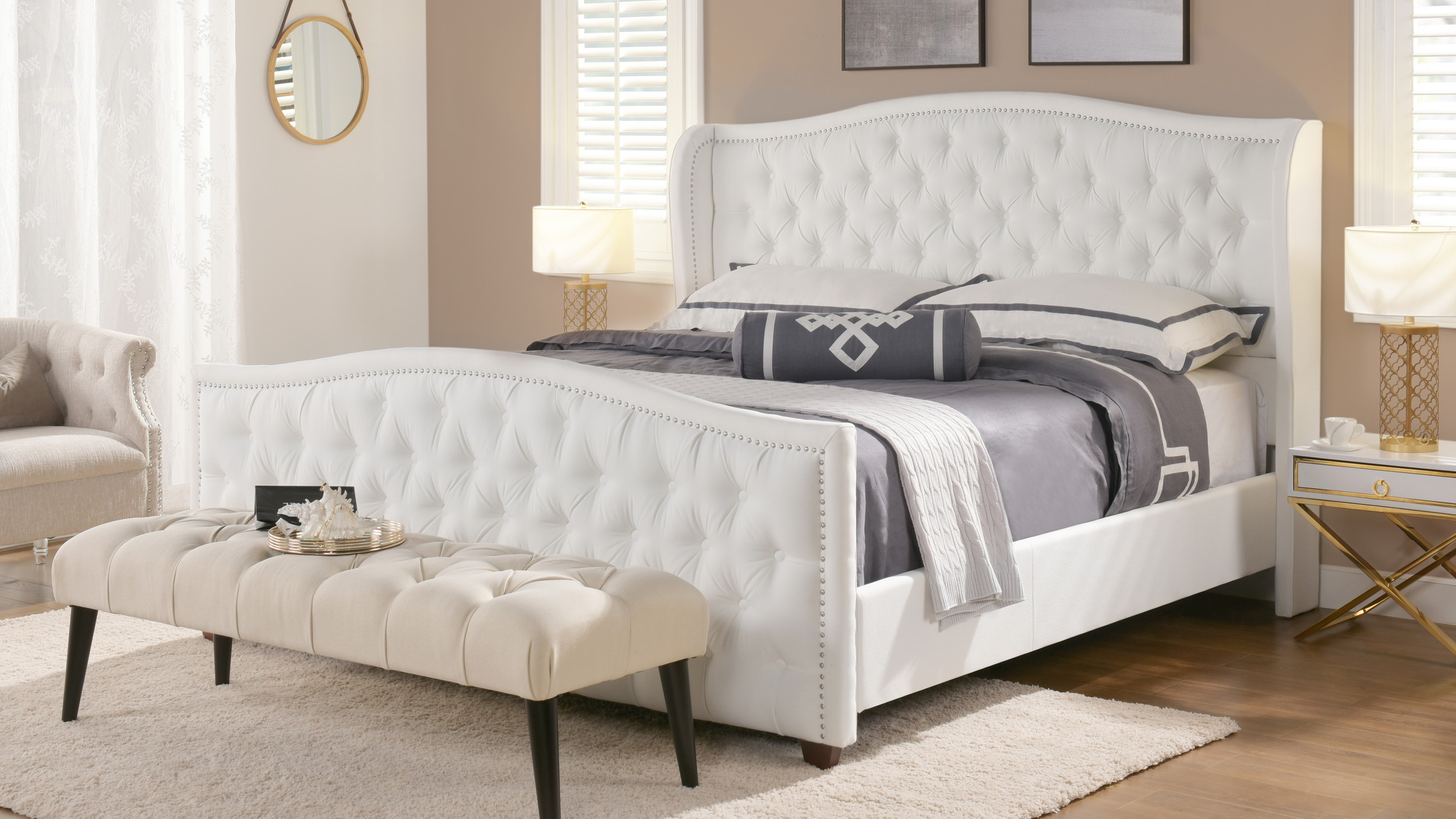 Marcella Upholstered Shelter Headboard Bed Set, King, Bright White