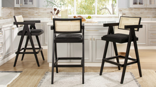 Milan 29.5" Modern Resin Webbing Back Bar Stool with Arms, Set of 3, Ebony Black Bouclé 2