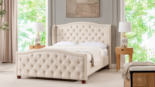 Fontana Wingback Upholstered Platform Bed Frame, Queen, Sky Neutral Beige 3