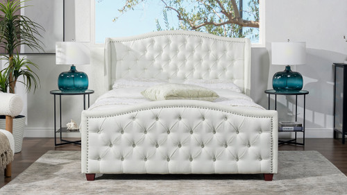 Jennifer Taylor Home Miramar Queen Cushion-Back Headboard Bed Frame Platform, Antique White Polyester