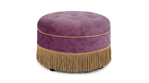 Yolanda 24" Round Upholstered Accent Ottoman, Purple Floral Sateen Jacquard with Gold Trim 1