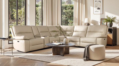 Malibu 130" Modern Power Motion 6-Piece Reclining Corner Sectional with Cup Holders, Cream Taupe Beige