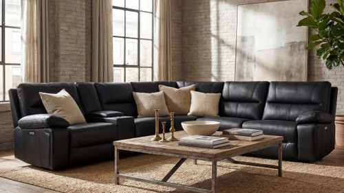 Malibu 130" Modern Power Motion 6-Piece Reclining Corner Sectional with Cup Holders, Coal Black