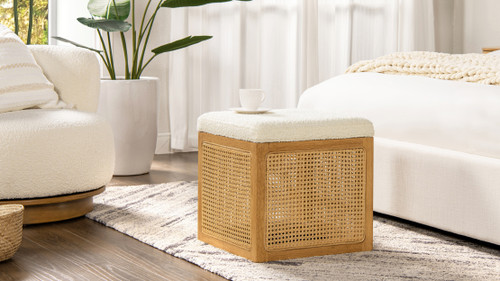 Nina 18" Cane Webbing Cube Ottoman, Ivory White Boucle & Caramel Tan Brown Rubber Wood 2