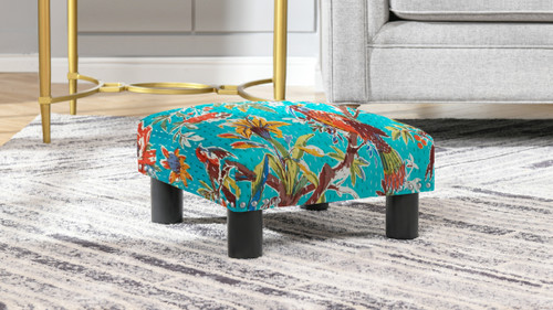 Jules Square Accent Ottoman, Teal Blue Tropical Floral 2