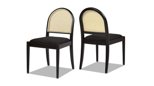 Panama 18.5" Curved Cane Rattan Side Dining Chair, Set of 2, Ebony Black Bouclé 1