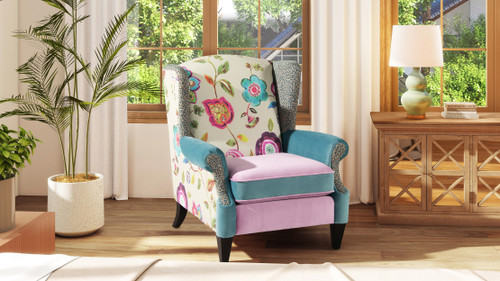 Anya Boho Chic Wingback Accent Arm Chair, Floral & Leopard, Arctic Blue & Lavender Purple 2