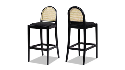 Panama 30.5" Curved Back Cane Rattan Bar Stool, Set of 2, Ebony Black Bouclé 1