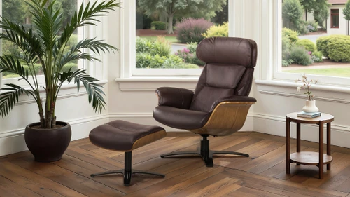 Jovan 31.5" Mid-Century Modern Genuine Leather Recliner Lounge Chair & Ottoman Set, Cacao Espresso Brown