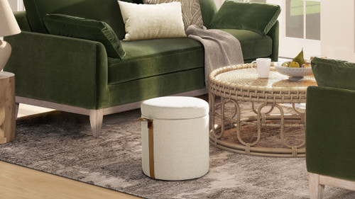 Brandy 14" Round Upholstered Storage Ottoman with Leather Accent, Flax White 3