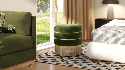 Edward 17.5" Round Upholstered Ottoman with Bullion Fringe, Olive Green 9