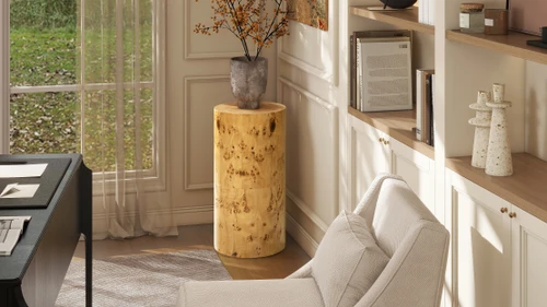 Nebula 29.5" Burl Wood Accent Pillar Side Table, Warm Natural Brown 6