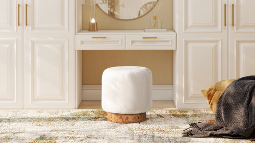 Tilly 16.5" Round Fur Upholstered & Burl Pouf Ottoman, Cottontail White 4