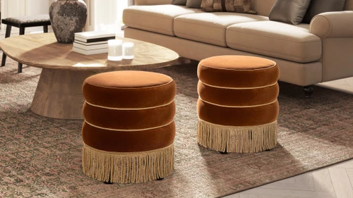 Edward 17.5" Round Upholstered Ottoman with Bullion Fringe, Burnt Orange 5