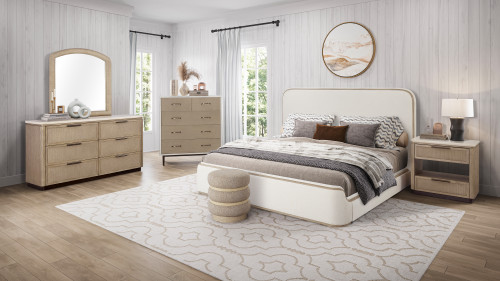 Calen Upholstered Bed with Sculpted Corners and Wood Trim, Queen