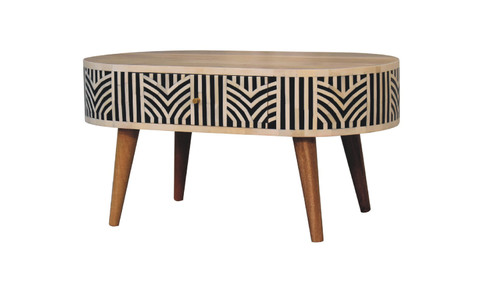 Arlo 31.5" Oval Bone Inlay Coffee Table with Splayed Wood Legs and 2 Drawers