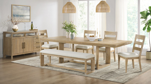 Bennett 80"-104" Solid Wood Trestle Dining Table with Extension Leaf, Beige Finish