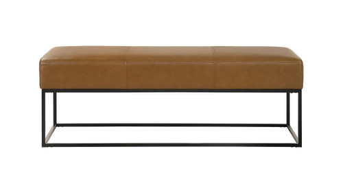 Amory 48.4" Bench in Tan Genuine Leather with Teak Frame and Metal Base