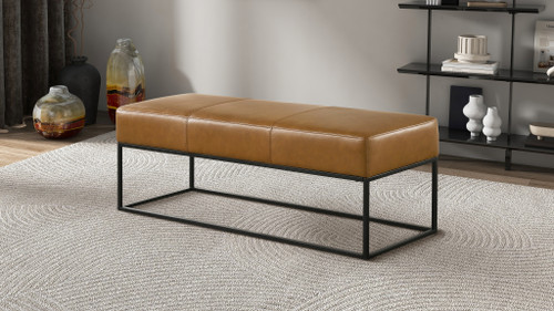 Amory 48.4" Bench in Tan Genuine Leather with Teak Frame and Metal Base