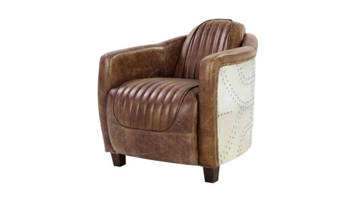 Aero 37" Top Grain Leather Armchair with Patchwork Aluminum Back and Channel Tufting