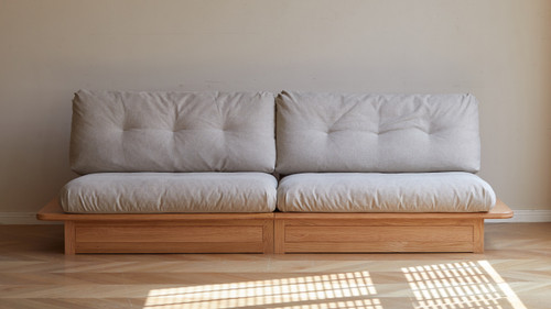 Oakstead 107.87" Low Profile Solid Oak Wood Storage Sofa with Removable Cushions