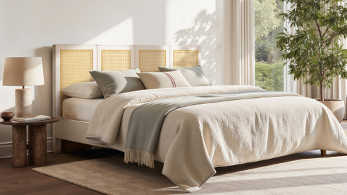 Toscana Upholstered Cane Back Platform Bed, King, Antique White