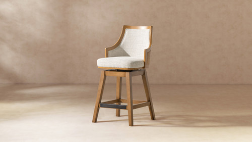 Bahama 26" Cane Rattan High-Back Swivel Counter Stool with Recessed Arms, Two-Tone Neutral Gray 