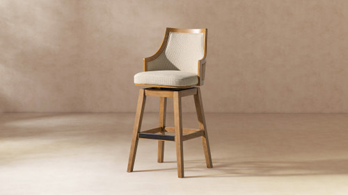 Bahama 30" Cane Rattan High-Back Swivel Bar Stool with Recessed Arms, Taupe Beige