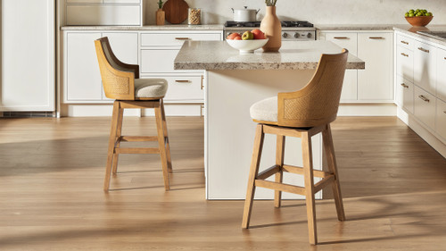 Bahama 30" Cane Rattan High-Back Swivel Bar Stool with Recessed Arms, Taupe Beige