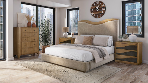 Sonoma Upholstered Bed with Sculpted Wood Headboard Accent, Queen
