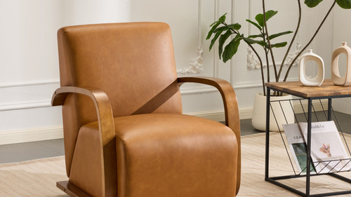 Vesper 31.8" Faux Leather Swivel Arm Chair with Curved Solid Wood Armrests and Pillow