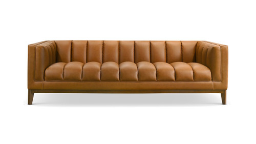 Riverton 90.6" Mid-Century Modern Channel-Tufted Vegan Leather Tuxedo Sofa with Rubberwood Legs