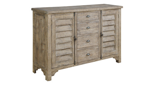 Montclair 68" Distressed Solid Pine Sideboard with Louvered Doors, Adjustable Shelves, and Felt-Lined Drawer in Sandstone Gray
