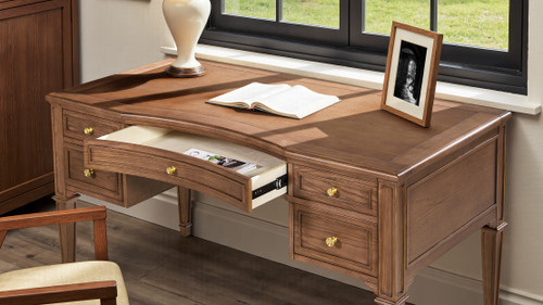 Dauphin Gold Accent 5-Drawer Wood Executive Desk, Brown Ash Wood & Veneer