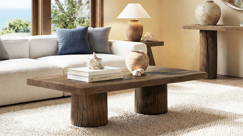 Calder 60" Solid Reclaimed Elm Rectangular Plinth Coffee Table, Heritage Medium-Dark Brown
