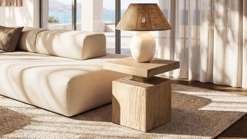 Calder 18" Solid Square Reclaimed Elm Block Plinth Side Table, Heritage Light Natural Brown