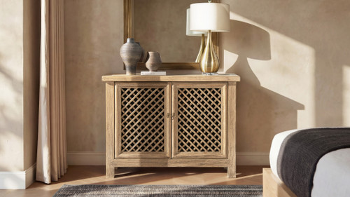 Arden 51" Solid Reclaimed Elm Lattice 2-Door Accent Storage Cabinet, Heritage Light Natural Brown