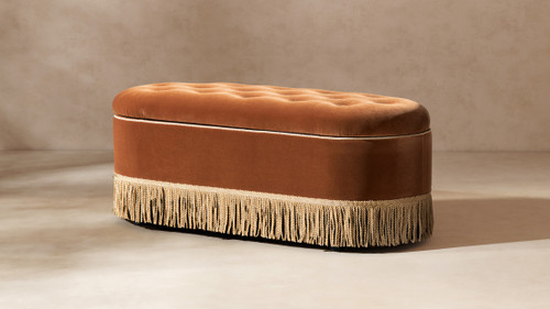 Melinda 48.5" Oval Tufted Bullion Fringe Storage Bench, Burnt Orange