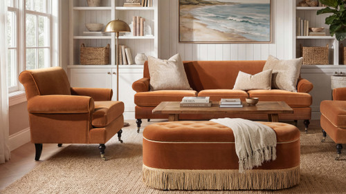 Alana 38" Lawson Accent Arm Chair Metal Casters, Burnt Orange