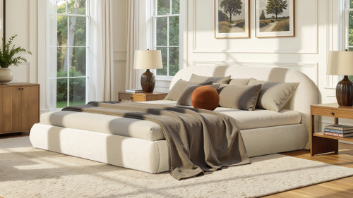 Archie Puffy Grounded Upholstered Platform Bed, Queen, Oatmeal Light Beige