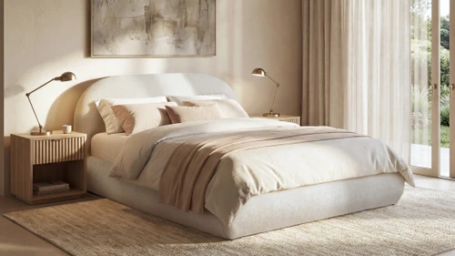 Archie Puffy Grounded Upholstered Platform Bed, Queen, Oatmeal Light Beige
