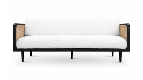 Harlow 75" Modern Ash Wood Cane Panel Sofa with White Textured Linen Weave Upholstery