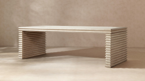 Veda 94" 8-Seat Reclaimed Pine Wood Stacked Geometric Waterfall Dining Table, Whitewashed Natural