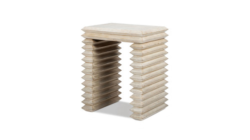 Veda 20" Reclaimed Pine Wood Stacked Geometric Waterfall Side Table, Whitewashed Natural