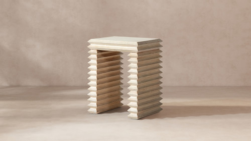 Veda 20" Reclaimed Pine Wood Stacked Geometric Waterfall Side Table, Whitewashed Natural