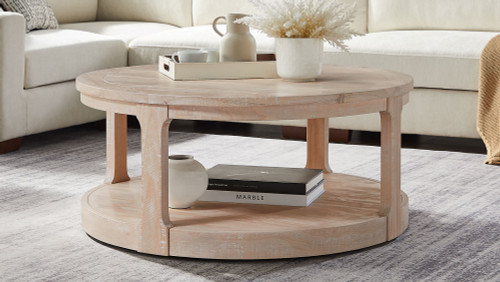 Langford 40" Rustic Round Coffee Table with Open Shelf Storage and Textured Oak Finish