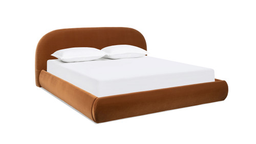 Archie Puffy Grounded Upholstered Platform Bed, King, Burnt Orange