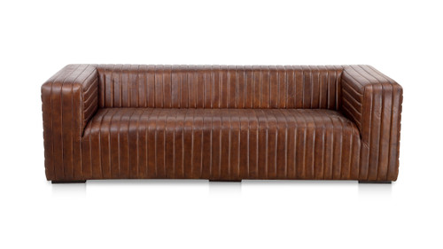 Benson 95" Modern Industrial Channel-Stitched Top-Grain Leather Tuxedo Sofa in Distressed Chestnut Brown