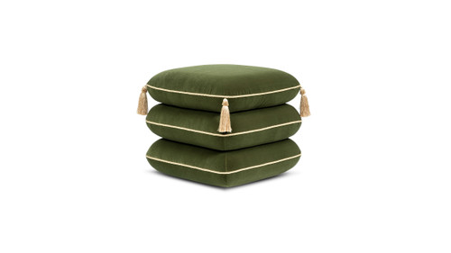 Arabella 19.5" Squared Upholstered Ottoman with Bullion Fringe, Olive Green